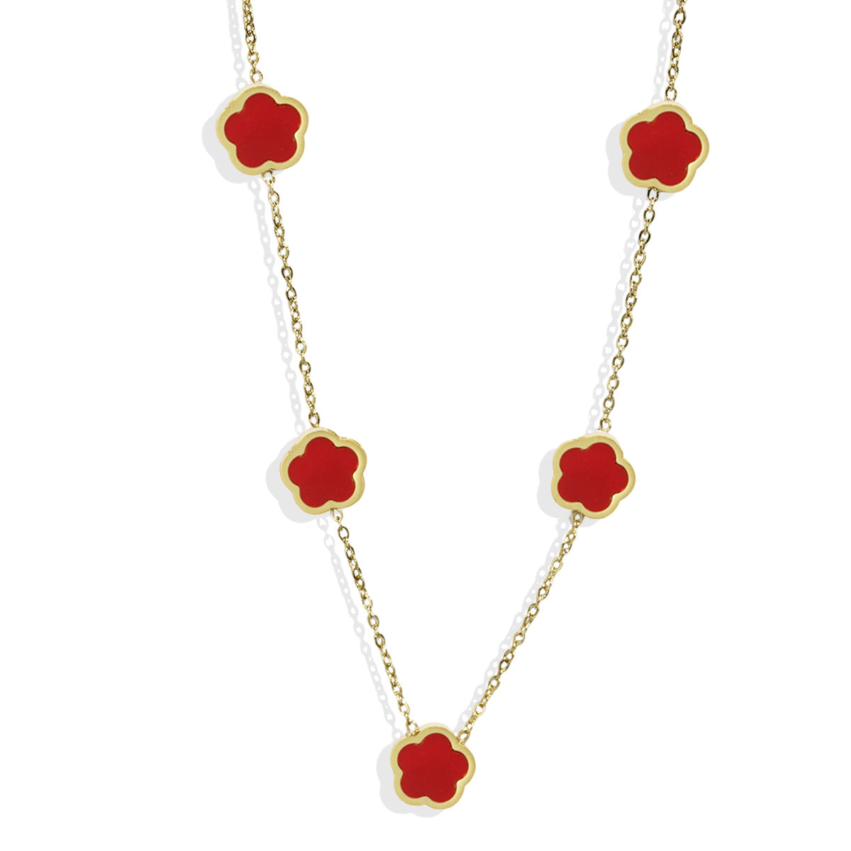 Necklace with red flower-shaped pendants on a gold chain