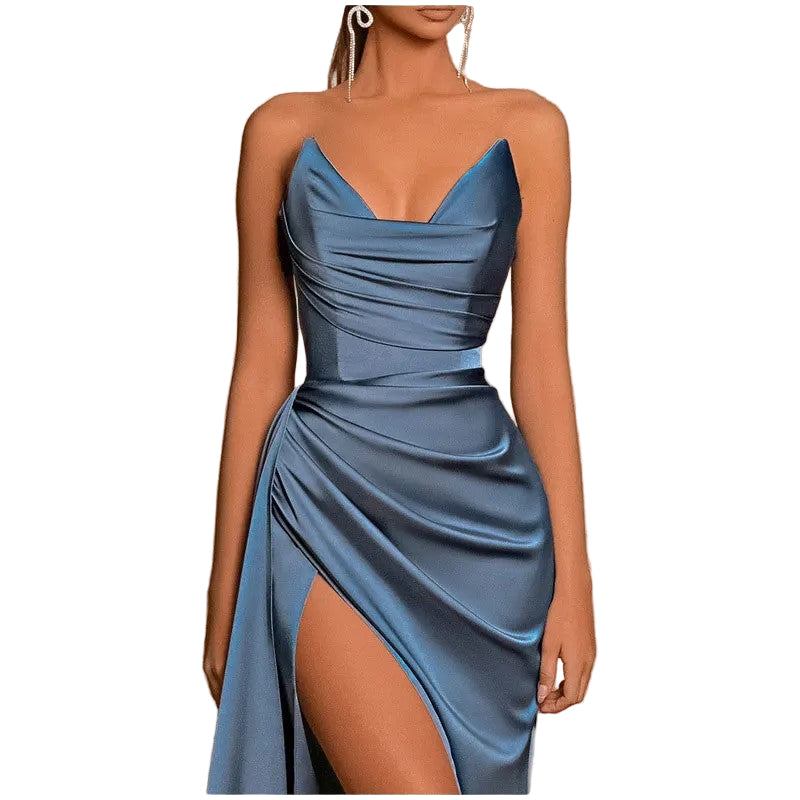 Blue strapless gown with a slit