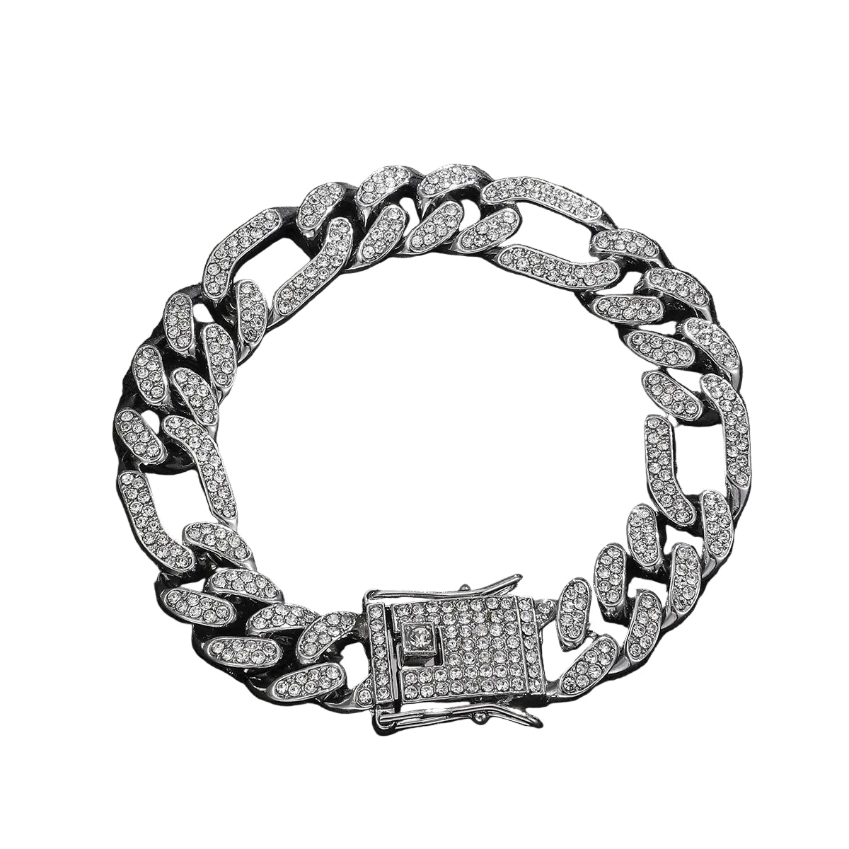 Silver chain bracelet with a clasp Men's hip hop Cuban link collection – flat lay showing arc