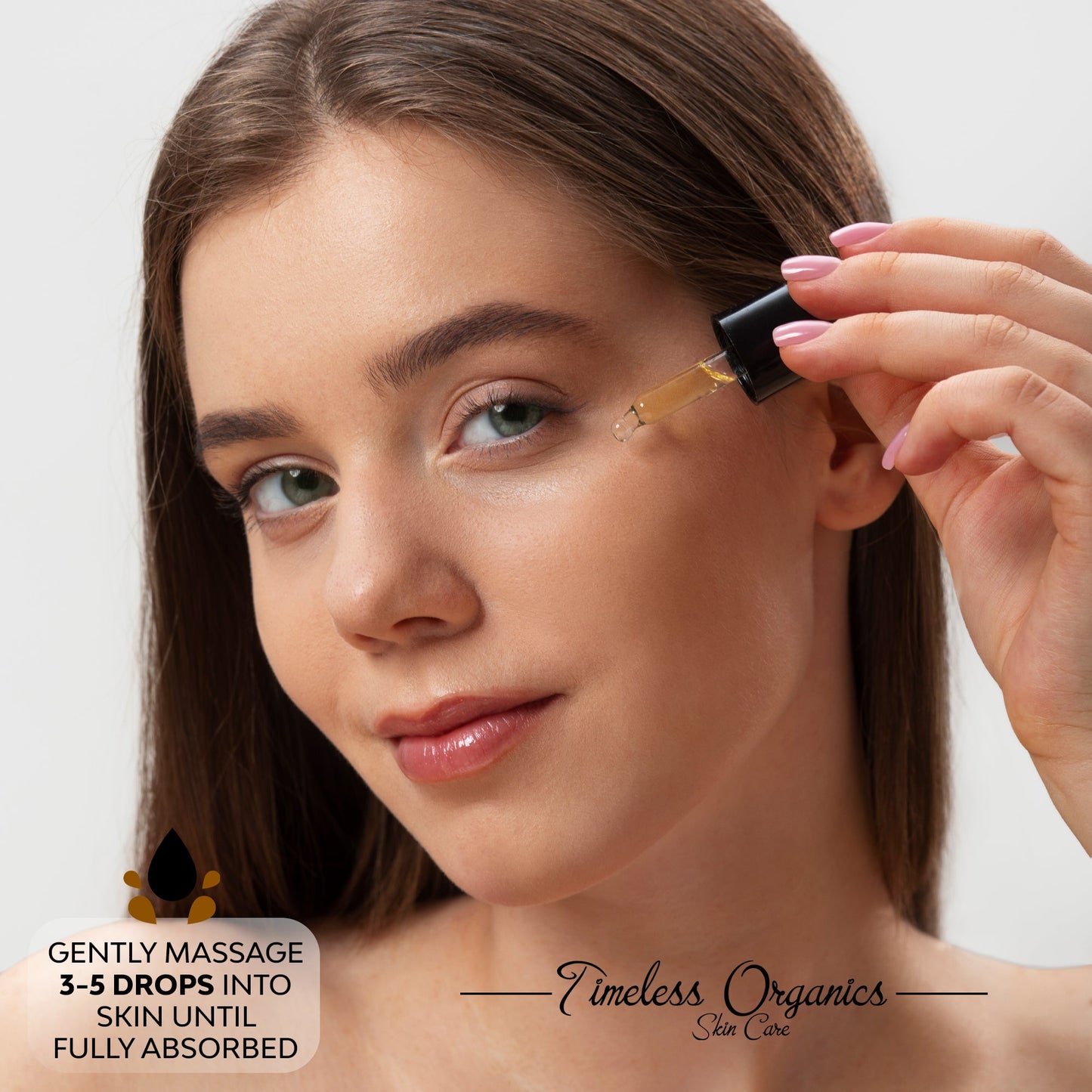 Woman applying a skincare product with 'Timeless Organics' branding.