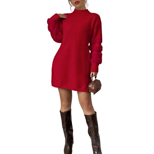 Person wearing a red dress and brown knee-high boots holding a brown handbag Person wearing a red dress and brown knee-high boots holding a brown handbag