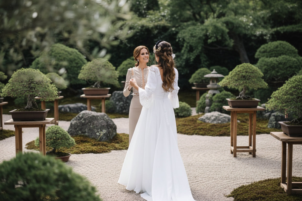 vory white lace bridal dress with nine-quarter sleeves and fitted bodice