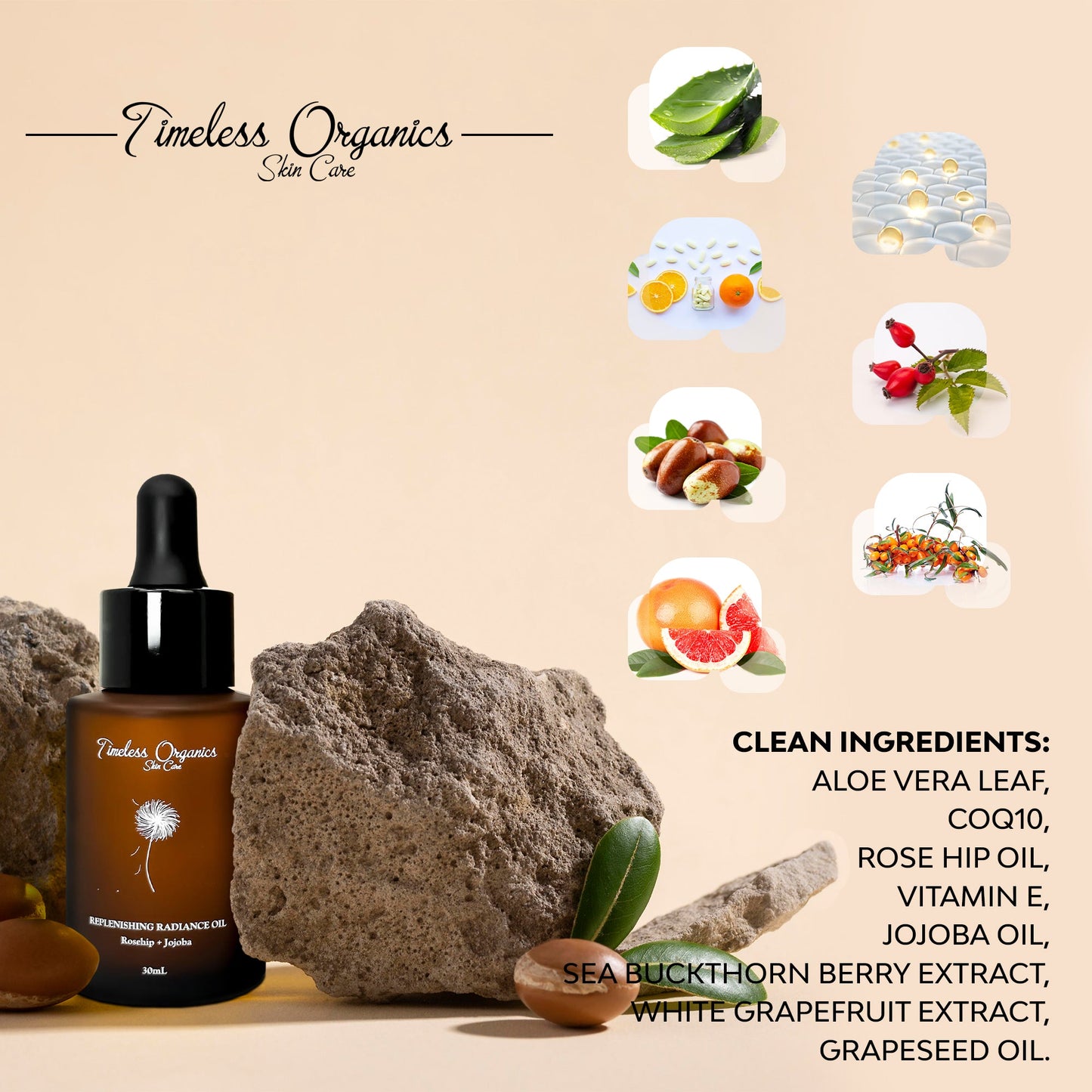 Timeless Organics skincare product with natural ingredients displayed as clean ingredients .