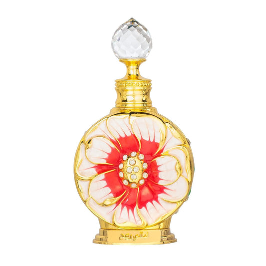 Perfume bottle with floral design and gold accents on a white background Perfume bottle with floral design and gold accents on a white background