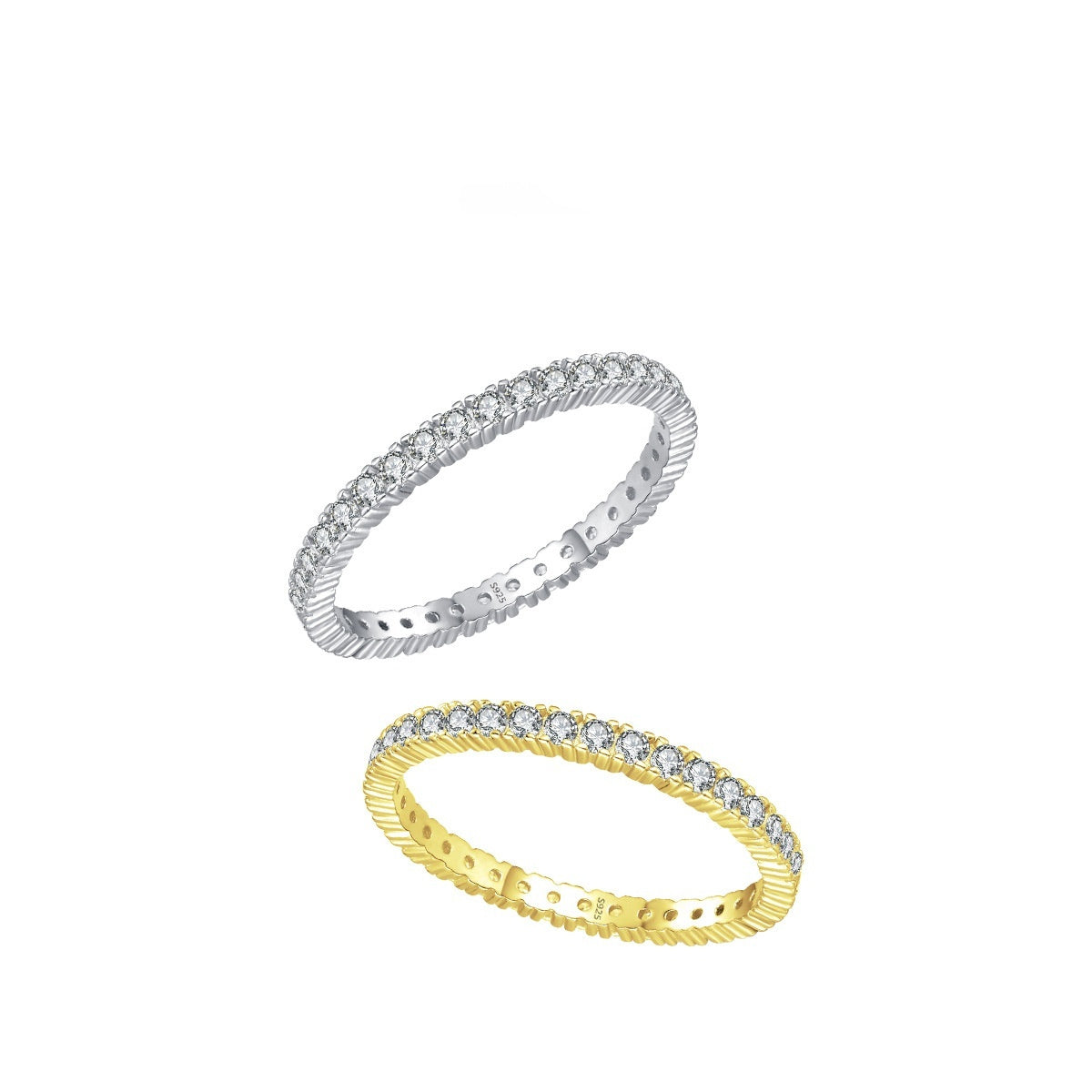 Two rdiamond eternity ings, one gold and one silver,