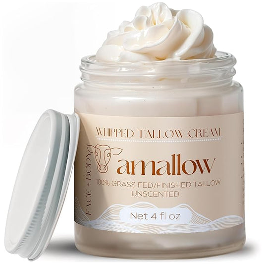 Jar of whipped tallow cream with 'amallow' branding on a white background Jar of whipped tallow cream with 'amallow' branding on a white background