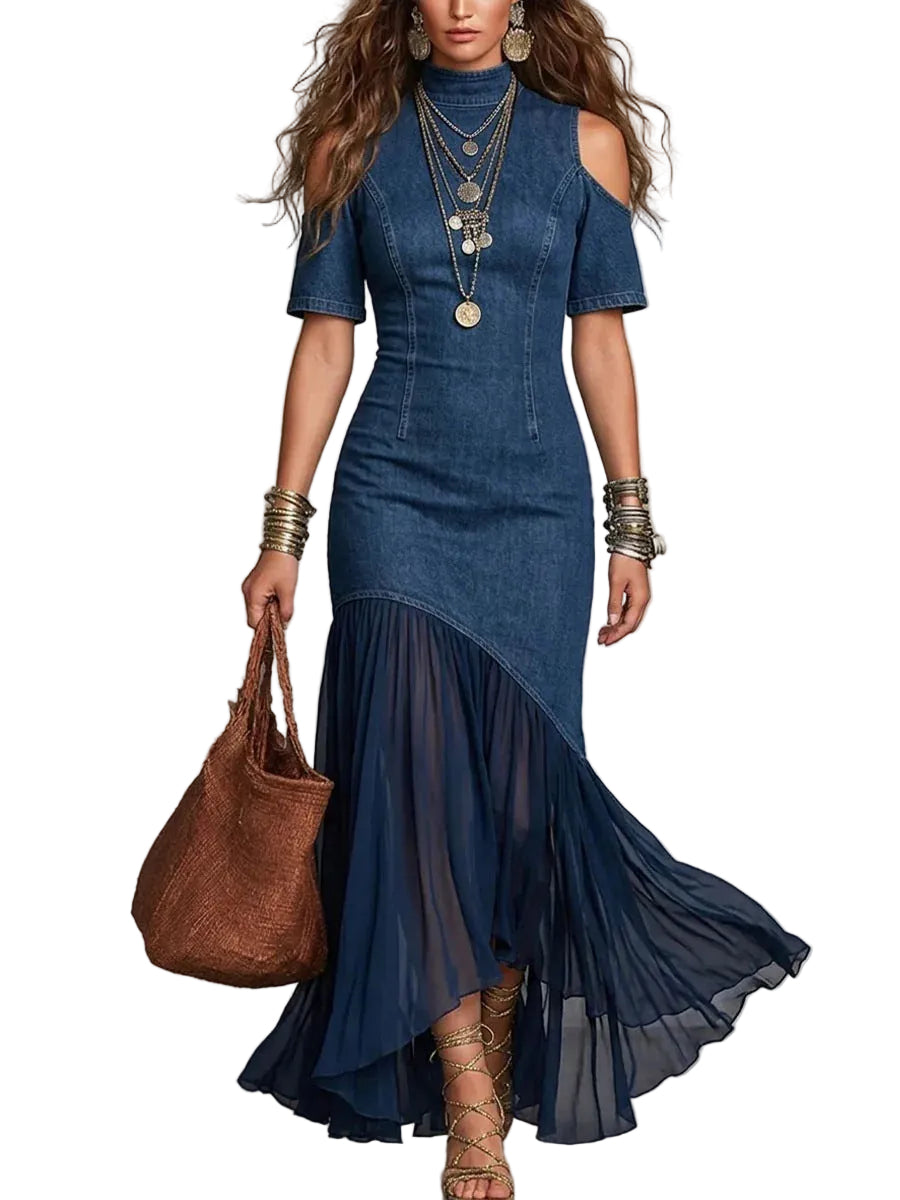 women slim fit denim dress with mesh skirt cold shoulder summer outfit