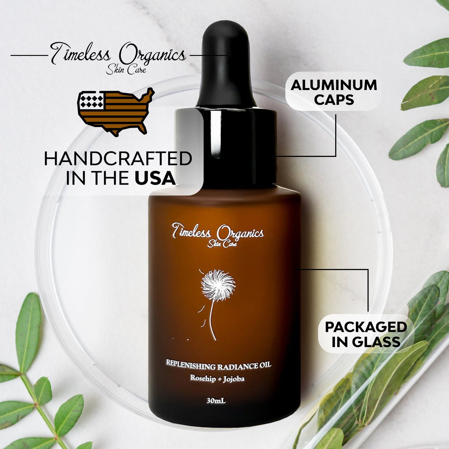 Timeless Organics skincare oil bottle with dropper handcrafted in the usa