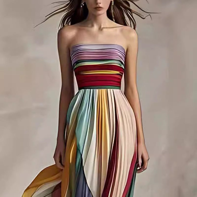 Woman wearing a strapless, multicolored and very elegant evening dress