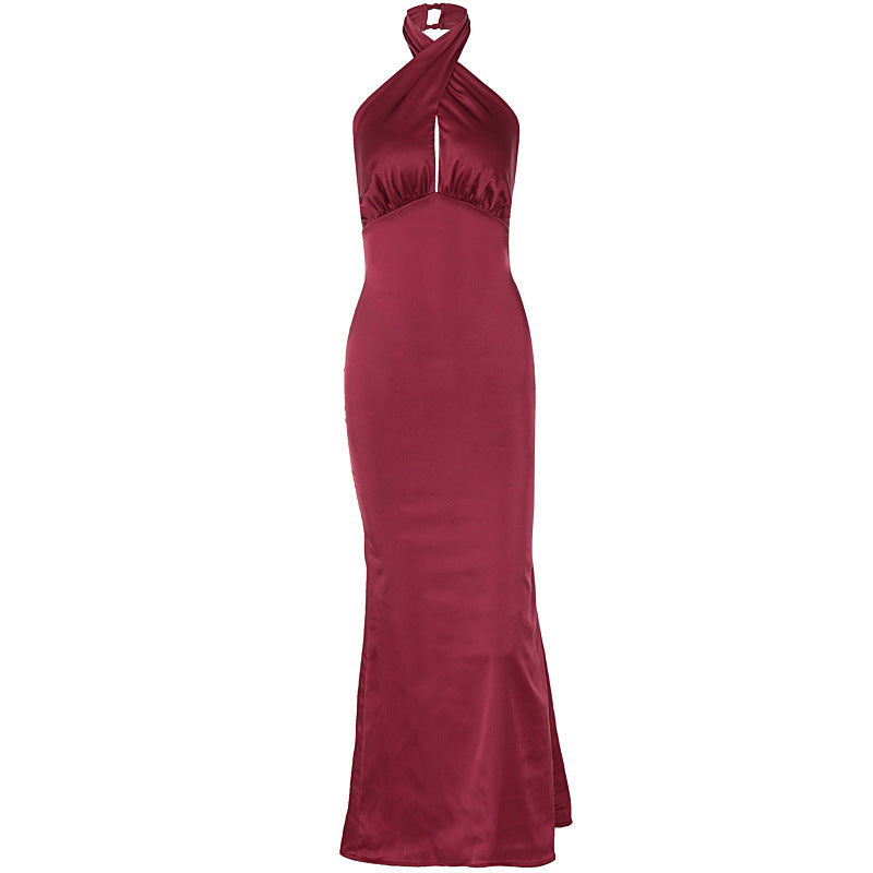 satin maxi dress featuring halter neck and sleek backless design