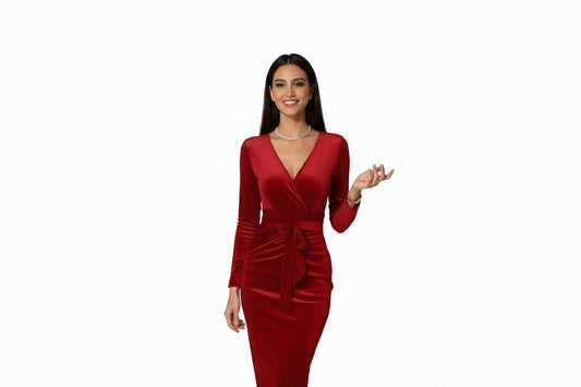 Person wearing a red velvet dressperfect for christmas dinner Person wearing a red velvet dressperfect for christmas dinner