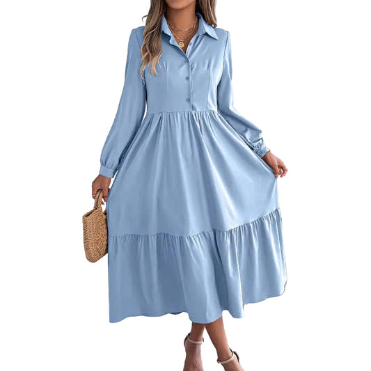 Long sleeve lapel shirt maxi dress in light blue – side view showing high waist silhouette and ruffled hem
Long sleeve lapel shirt maxi dress in light blue – side view showing high waist silhouette and ruffled hem