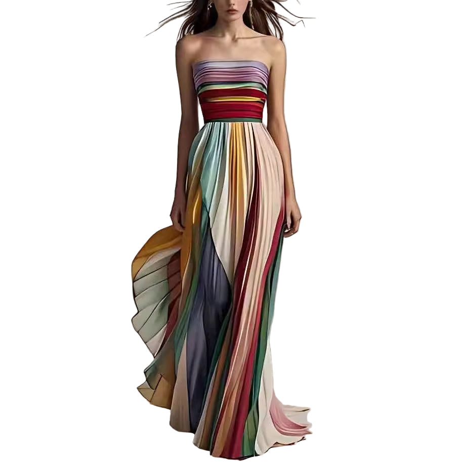 Woman wearing a strapless, long, multicolored dress