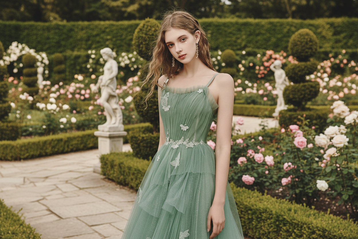 Close-up of butterfly appliqués and floral lace trim on sage green glitter tulle bodice