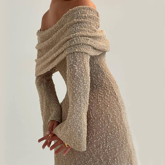 Beige textured off-shoulder top worn by a person Beige textured off-shoulder top worn by a person