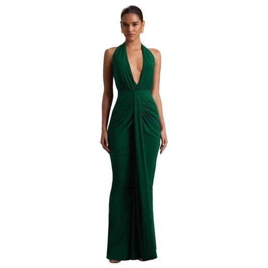 Emerald green deep V-neck halter ruched knot slim fit maxi dress – front view, gathered waist detail and floor-length hem
Emerald green deep V-neck halter ruched knot slim fit maxi dress – front view, gathered waist detail and floor-length hem