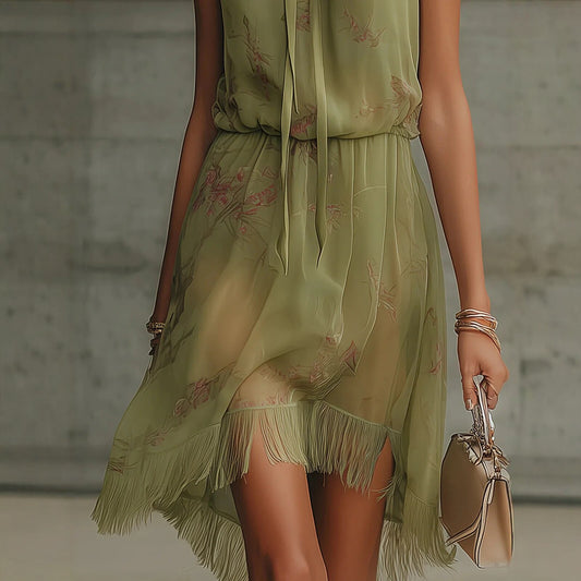 Women's olive green halter dress smocked ruffle collar fringe hem
Women's olive green halter dress smocked ruffle collar fringe hem
