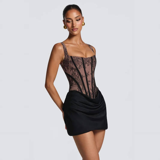 Sheer Lace Corset Draped Mini Dress – photo 2 (10827423187084) Sheer Lace Corset Draped Mini Dress – photo 2 (10827423187084)