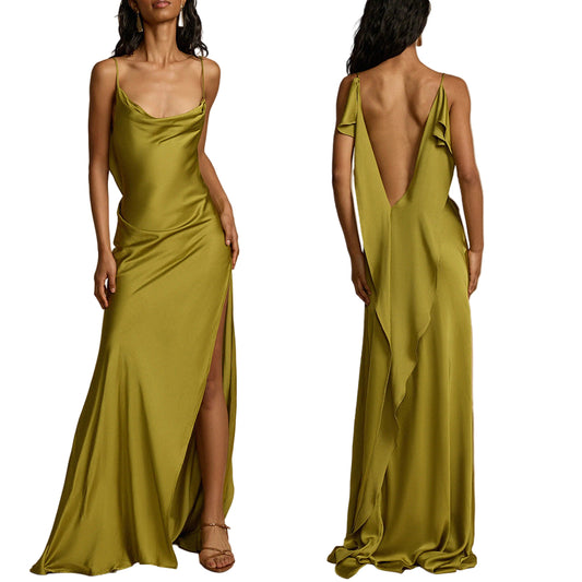 Green evening gown with a slit and open back Green evening gown with a slit and open back