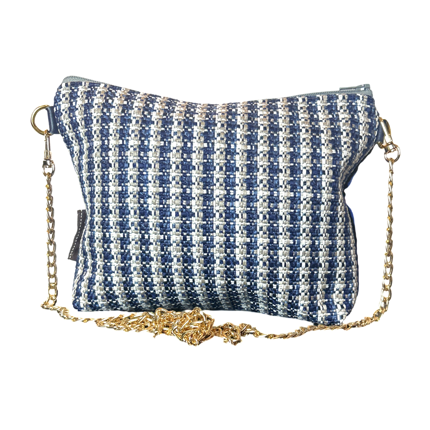 Blue and white striped handbag with a gold chain strap on a white background