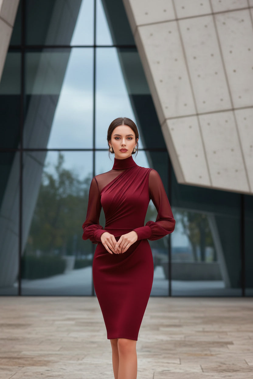 Burgundy dress with sheer sleeves worn by a woman