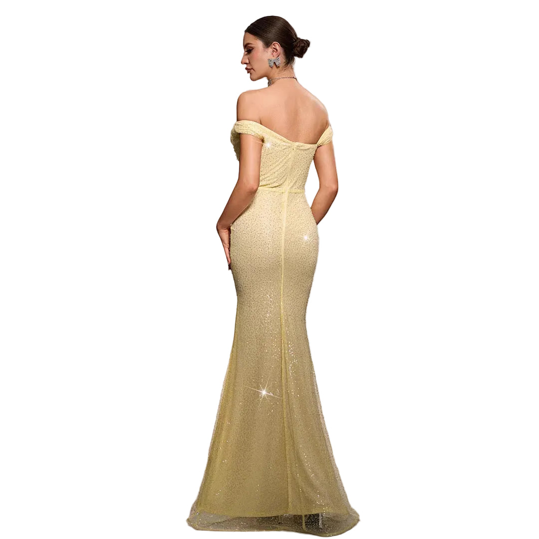 Back view of yellow sequined mermaid evening gown – elegant formal dress with flared skirt