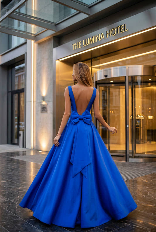 Deep V Neck Sleeveless Backless Bow Ball Evening Dress Deep V Neck Sleeveless Backless Bow Ball Evening Dress