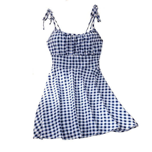 Blue plaid floral print tie-strap square neck mini dress – front view, bow strap detail and A-line silhouette
Blue plaid floral print tie-strap square neck mini dress – front view, bow strap detail and A-line silhouette