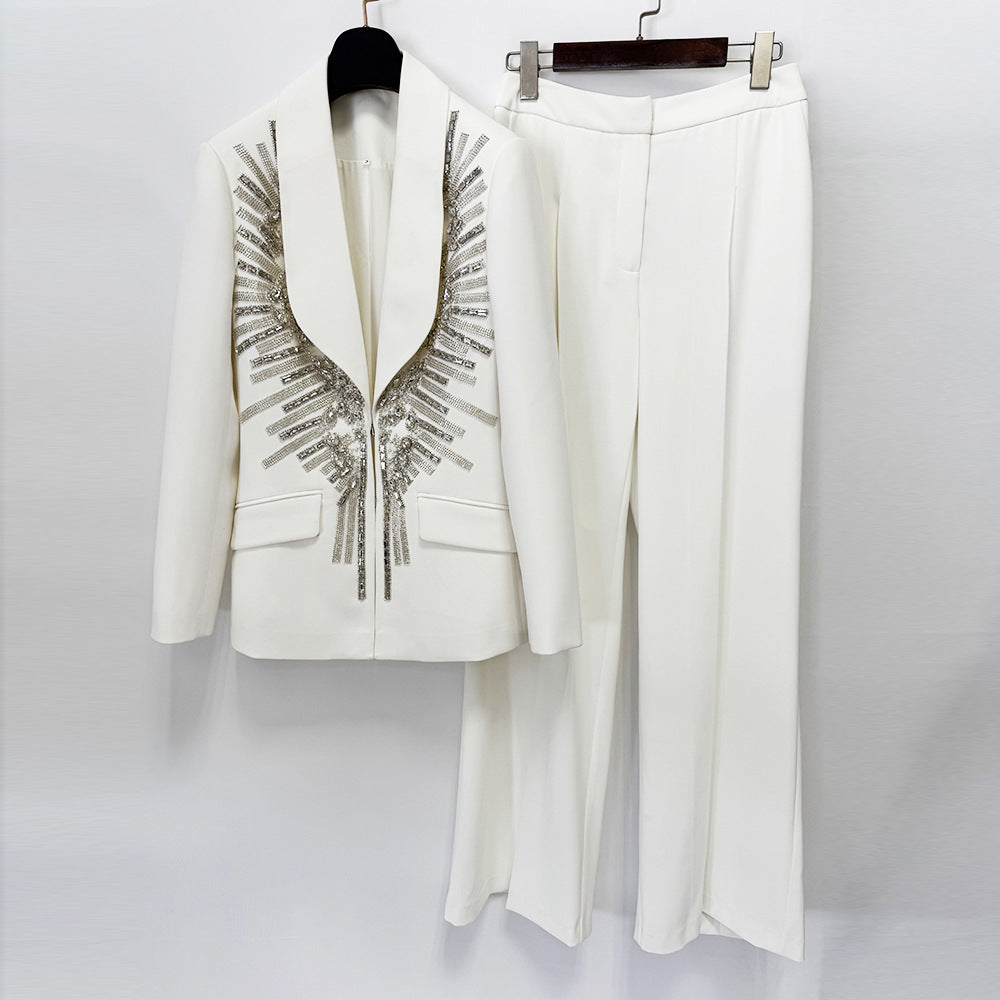 Crystal-Embellished Shawl Collar Blazer & Wide-Leg Trouser Suit Set white and silver color