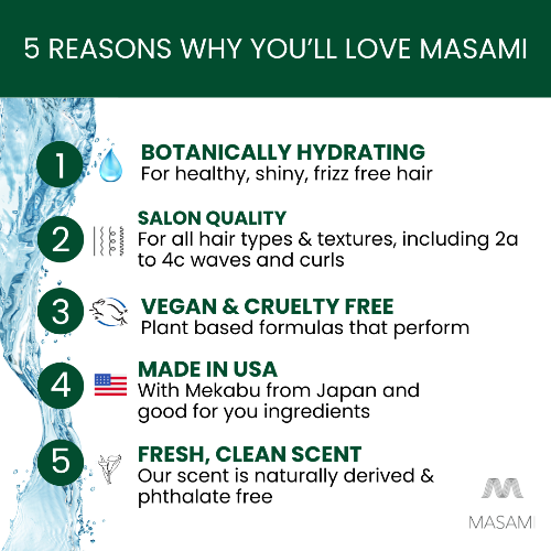 Promotional graphic for MASAMI hair care product with reasons to love it.