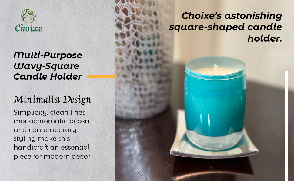 Choixe square-shaped candle holder with a blue candle on a wooden surface.
