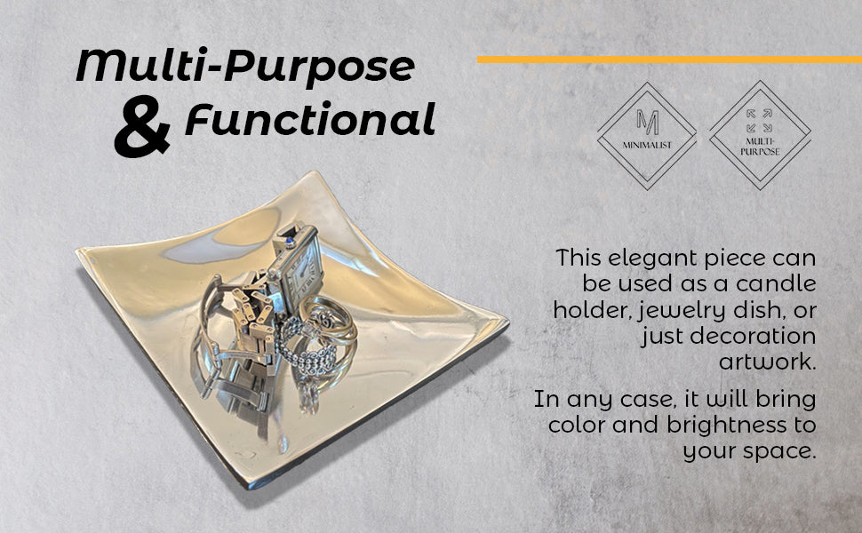 Decorative piece on a square plate with text describing its multifunctional use.