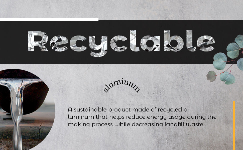 Promotional graphic for recyclable aluminum with text and recycling imagery.