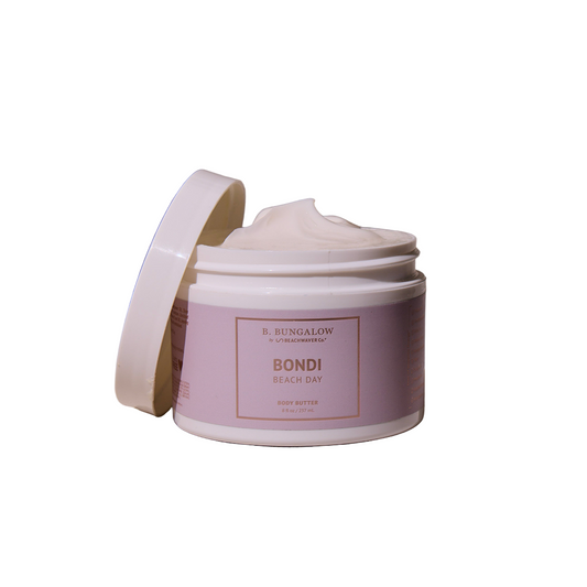 Jar of 'Bondi Beach Day' body butter with a pink label  Jar of 'Bondi Beach Day' body butter with a pink label