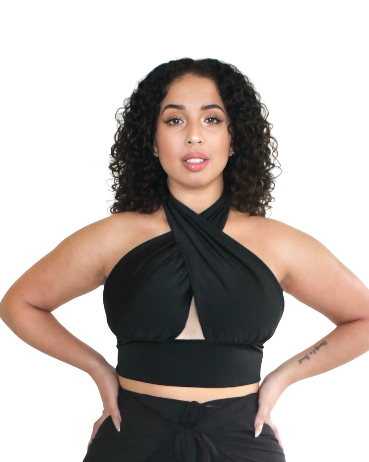 Model wearing 8-Way Top  – stylish everyday outfit