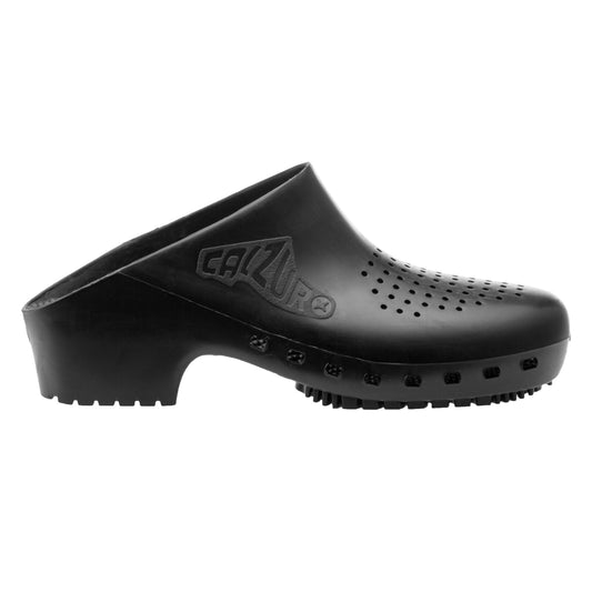 Black clog shoe with 'Crocs' branding white background Black clog shoe with 'Crocs' branding white background