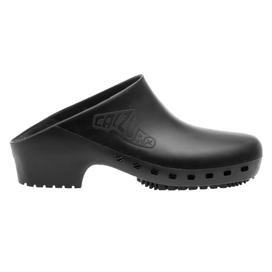Black clog shoe with a brand logo  Black clog shoe with a brand logo