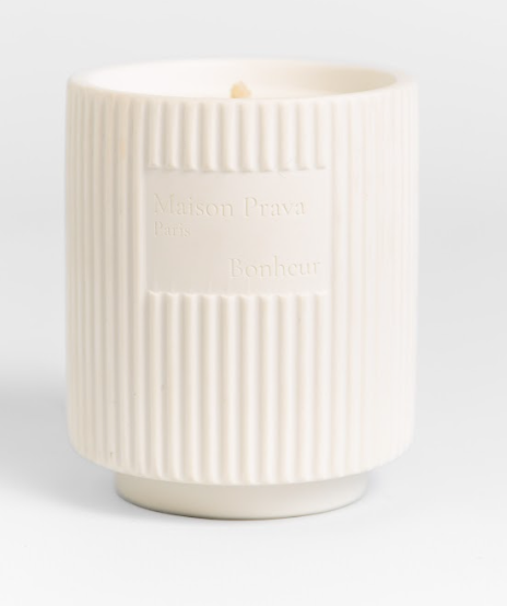 White Maison Prava Bonheur candle in a textured container