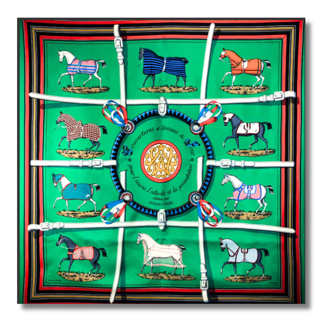 Colorful scarf with horse designs and a central emblem on a green background