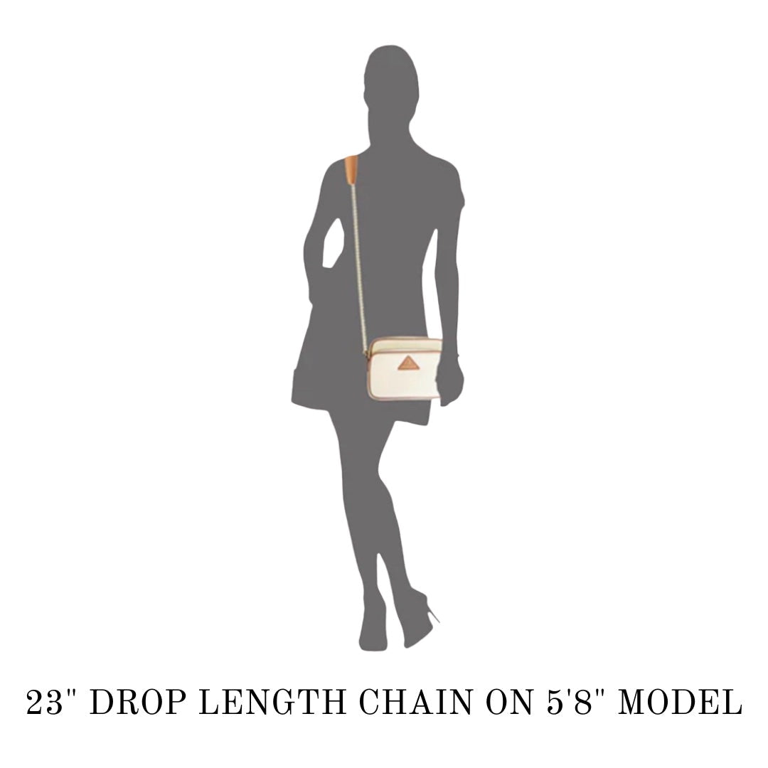 Silhouette of a woman holding a handbag with text indicating drop length chain on a model.