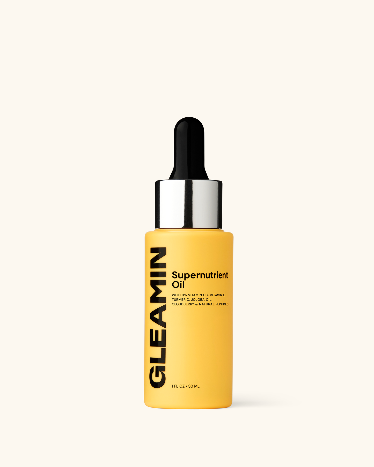 Yellow bottle of Gleamin Supernutrient Oil with a dropper on a white background