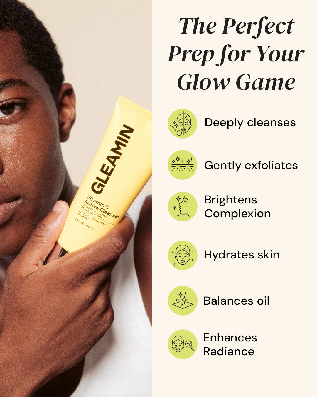 Person holding a yellow skincare product with 'GLEAMIN' branding, featuring product benefits on the right.