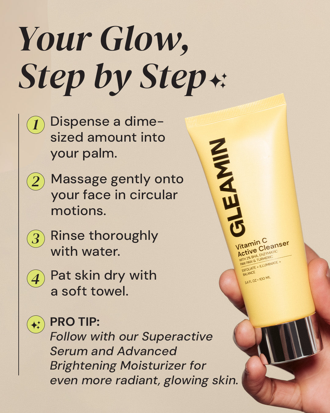 Gleamin Vitamin C Active Cleanser with usage instructions on a beige background