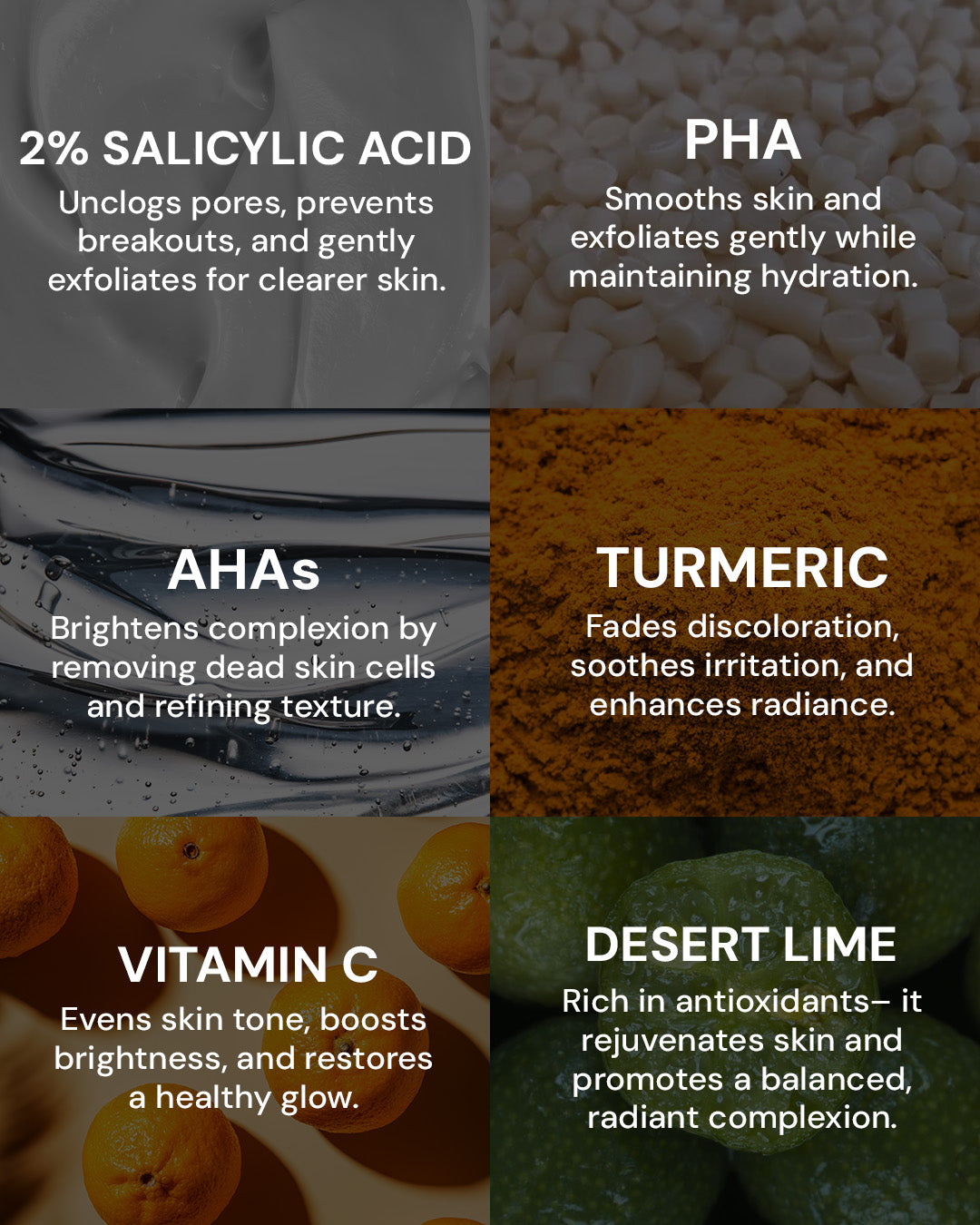 Product features with text on salicylic acid, PHA, AHAs, turmeric, vitamin C, and desert lime.