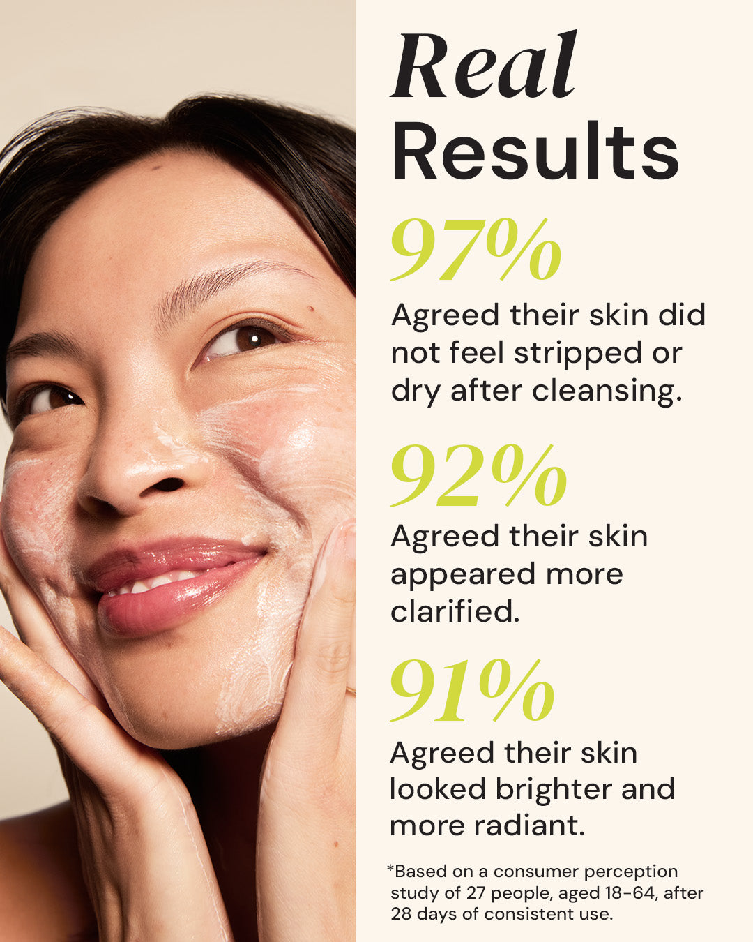Woman with clean skin showing product benefits with text on a beige background