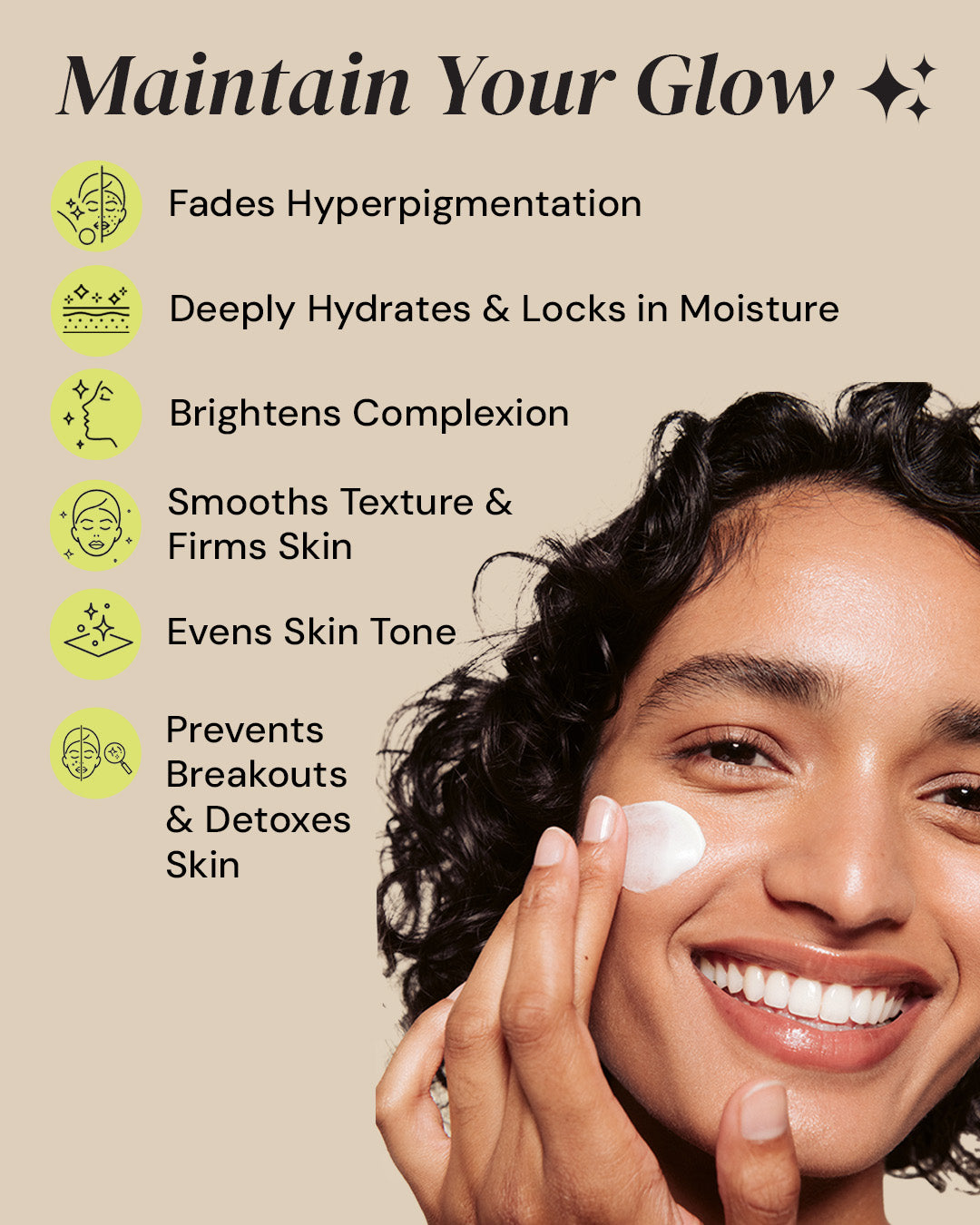 Woman applying skincare product with text highlighting product benefits on a beige background