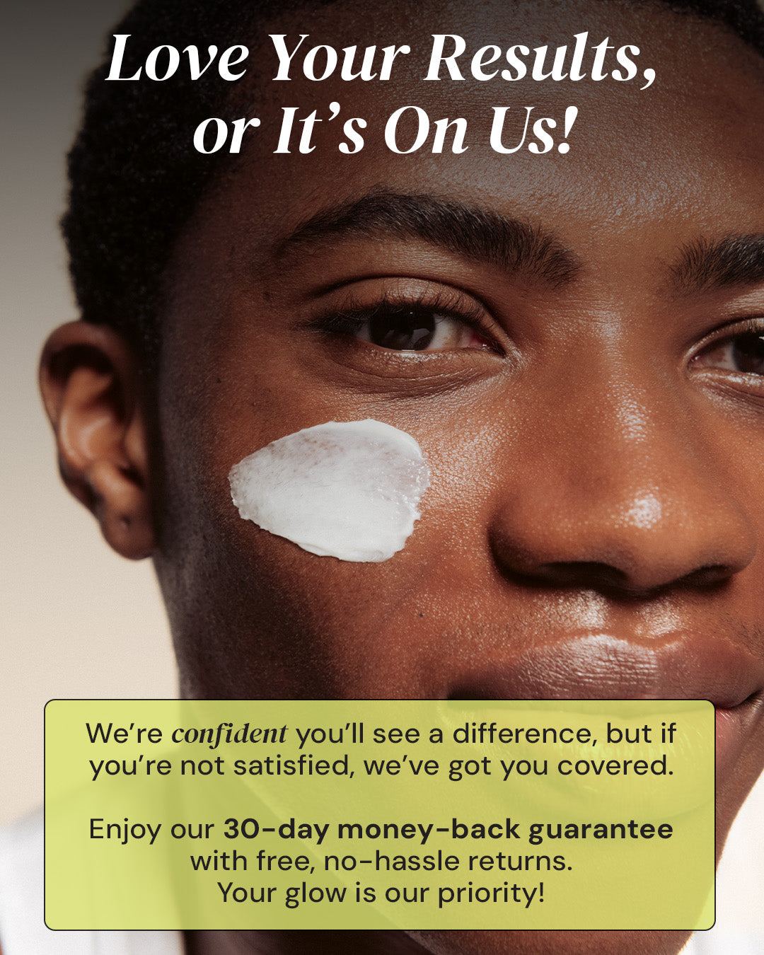 Promotional advertisement with a man's face and text about a money-back guarantee.