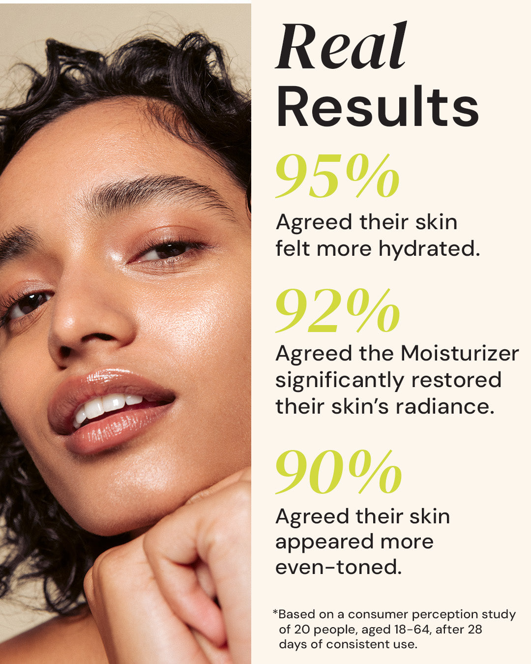 Woman with moisturized skin and text showing product effectiveness