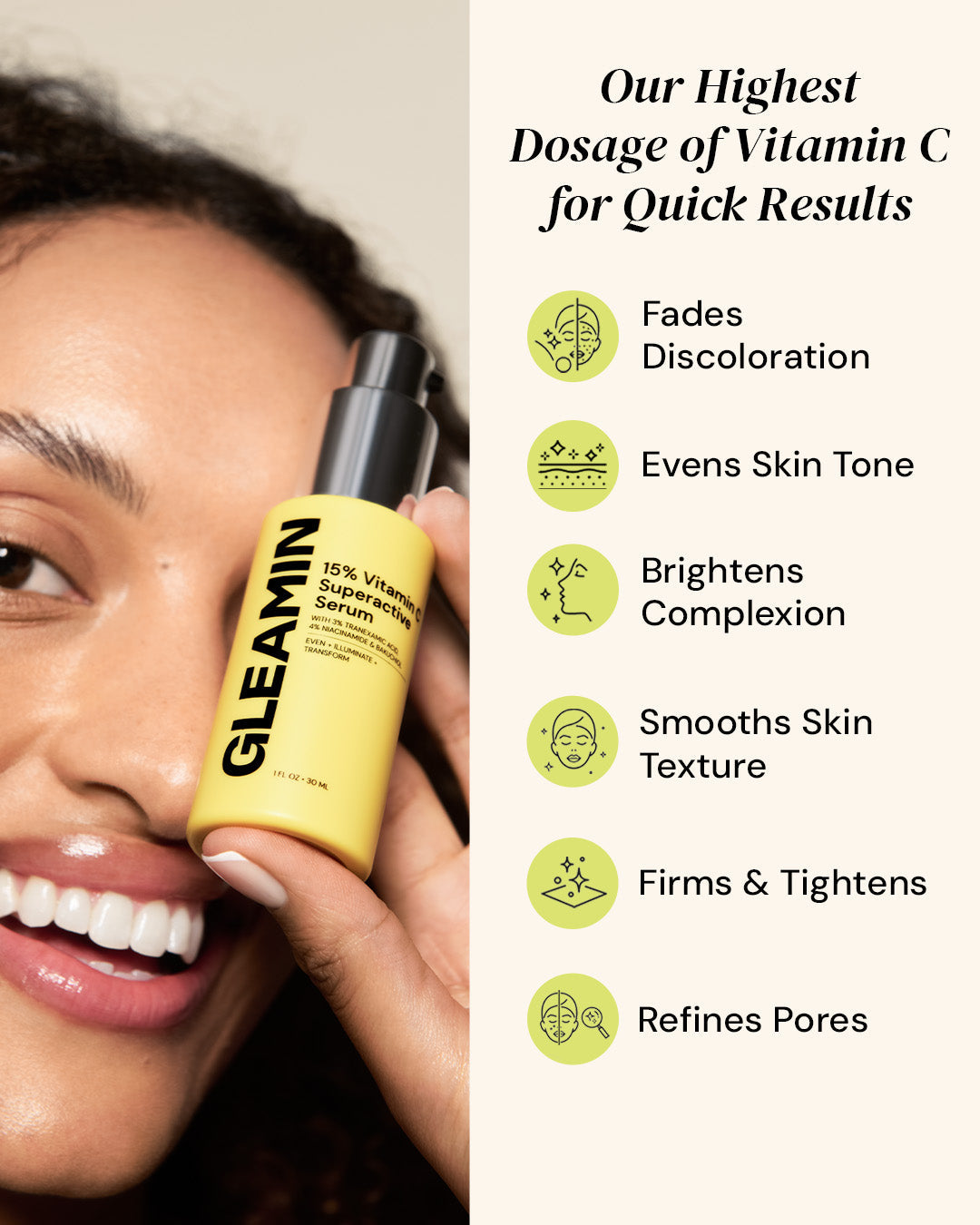 Woman holding a yellow skincare bottle with text on vitamin C benefits.