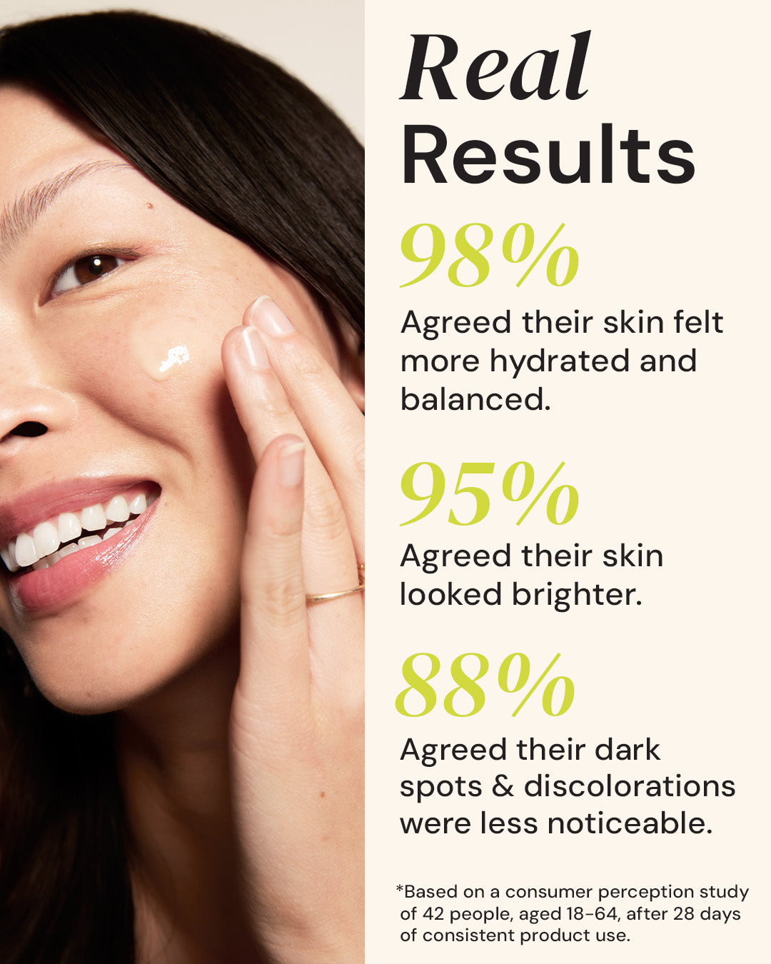 Advertisement showing a woman applying cream to her face with text about skin improvement results.